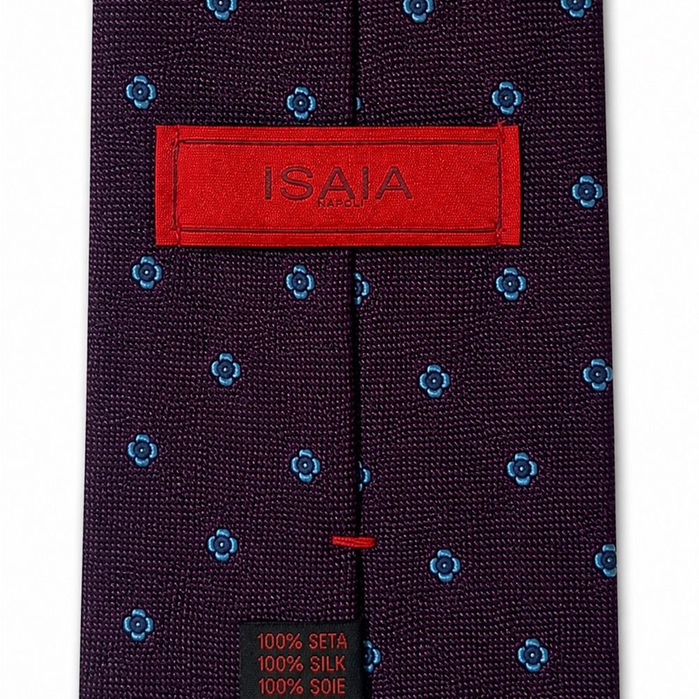 Isaia Purple Tie with Blue Micro Medallions 100% Silk handmade in Italy - Picture 2 of 5